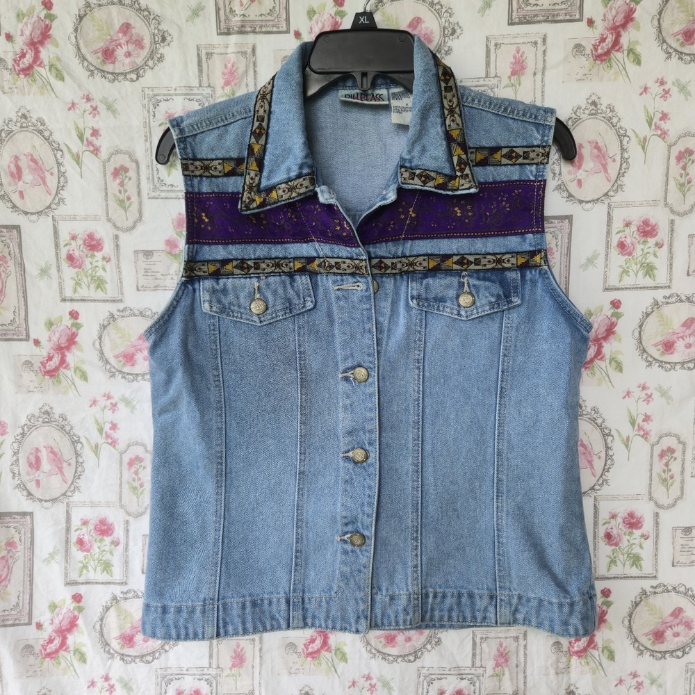 VTG Bill Blass Jeans Denim Vest Womens Size M Purple Aztec Southwest Cowgirl Y2K
